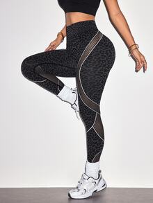 Slayform 1pc Regular Waist/Hip Lift/Leopard Print/Hollow Out/Contrast Color Design/Basic Style/Sports Leggings+Fitness/Yoga - Multicolor - View 4