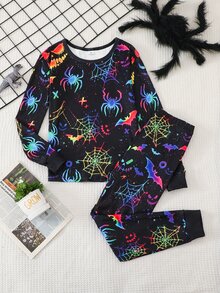 SHEIN 2件組兒童青少年男孩卡通南瓜幽靈螢光印花萬聖節休閒日常舒適圓領針織套頭睡衣上衣長褲家居服貼身套裝 - 黑色 - 查看 2