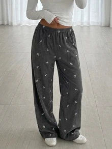 Livesso Women's Fashion Embroidered Pleated Loose Long Pants For Daily Wear - Dark Grey - View 5