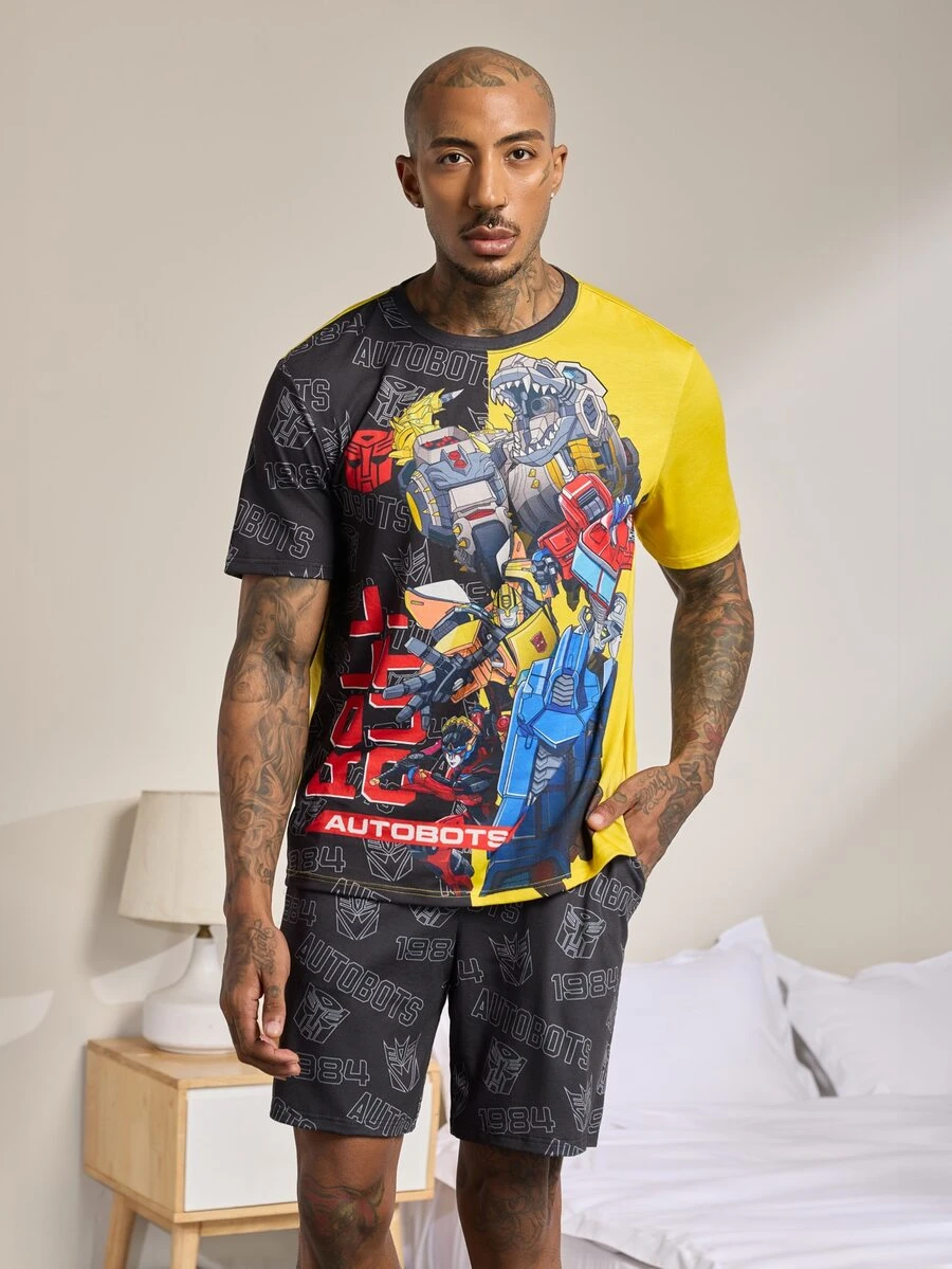 Transformers X SHEIN Men's Cartoon Print Short Sleeve Top And Pocket Shorts Loungewear Set - Black - View 1
