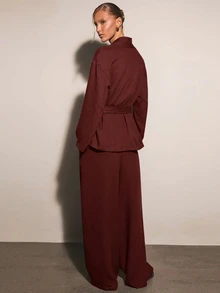 COSMINA 女款純色長袖夾克與長褲休閒優雅日常套裝 辦公穿搭 酒紅色 秋季 - 酒紅色 - 查看 5