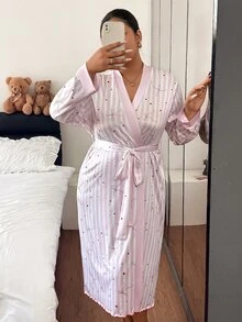 Napfluff CURVE Napfluff CURVE Striped Bow Decor Tie-Front Plus Size Robe - Baby Pink - View 3