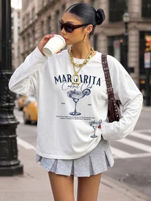 SHEIN EZwear 大尺碼秋季休閒雞尾酒會標語印花T恤 - 彩色 - 查看 6