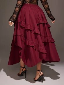 Viva Relle Rok Wanita Ukuran Besar Warna Burgundy Berlapis-lapis dengan Rumbai dan Desain Asimetris Gaya Vintage, Cocok untuk Perjalanan Sehari-hari, Belanja Akhir Pekan di Musim Gugur - Burgundy - View 2