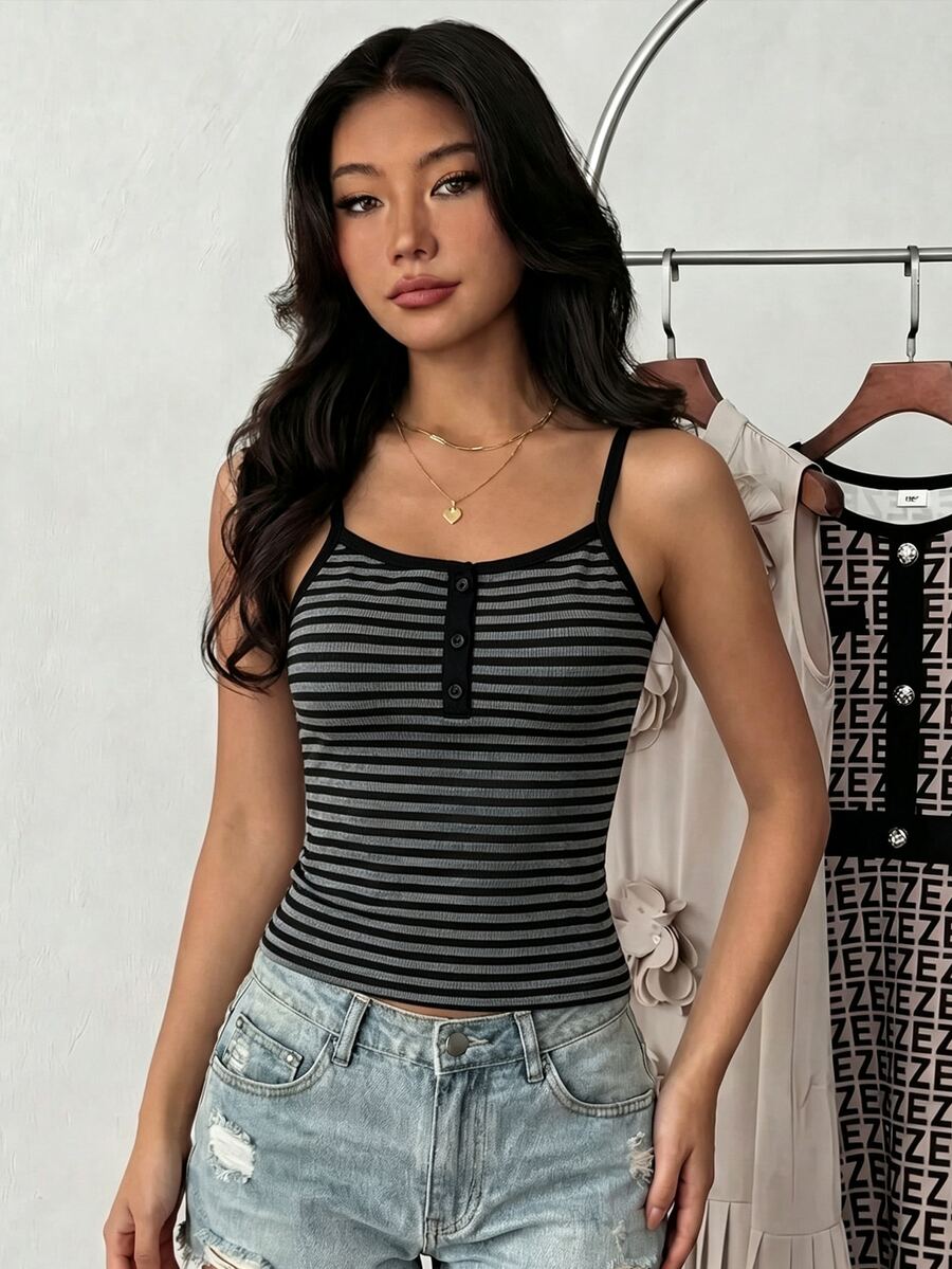 SHEIN Elladie kids 青少年女孩鈕扣設計條紋細肩帶背心,百搭百變日常風格,適合日常穿著、戶外旅行等多種場合 - 黑色 - 查看 1