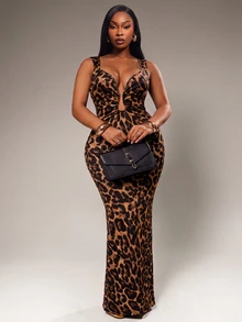 Radiana Plus Size Women's Leopard Print Deep V-Neck Sexy Fitted Sleeveless Dress - Multicolor - View 3
