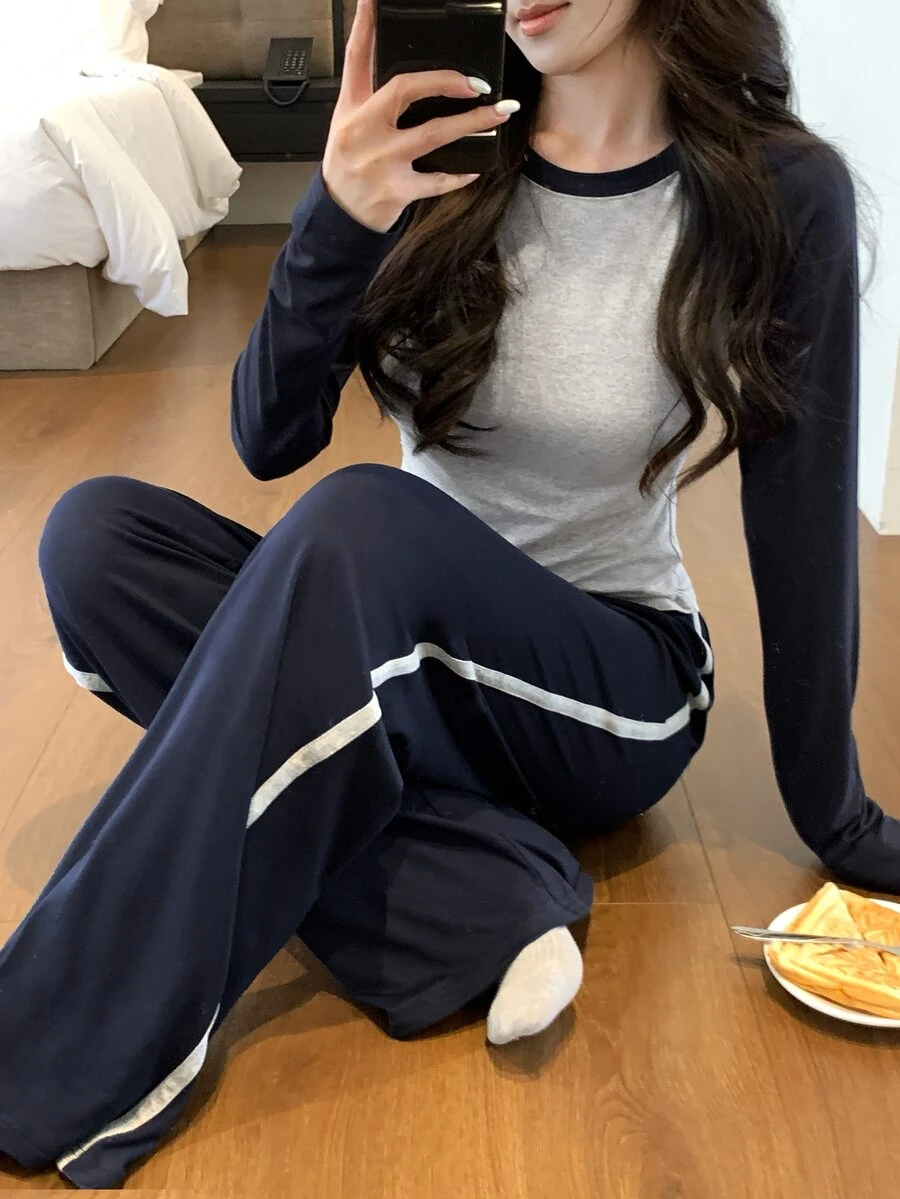 DAZY Women's Colorblock Long Sleeve Top And Pants Casual Daily Loungewear Set - Navy Blue - View 1