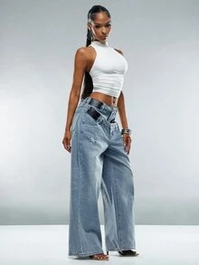 Denimoi Women's Double Waistband Casual Daily Wear Jeans - Medium Wash - View 4