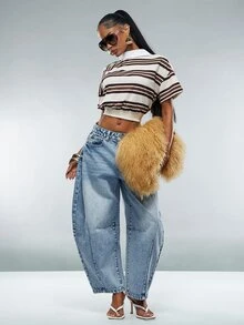 Denimoi Celana Jeans Denim Premium Model Crop Barrel, Cocok untuk Pemakaian Sehari-hari, Kencan Malam, dan Busana Kasual Musim Gugur. - Medium Wash - View 3