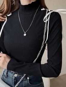 FRIFUL Women's Elegant Korean Style Drawstring Tie Long Sleeve Dress Fall - Black - View 3