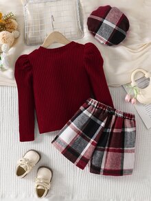 Elladie kids Young Girl Wine Red Knit Long Sleeve + Plaid Asymmetrical Skort (Includes Hat) Set Suitable For Late Autumn, Early Winter, Early Spring - Burgundy - View 2