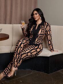 NU&NOW Plus Size Women Sexy Hollow Mesh Print Waist-Cinched Body-Hugging Jumpsuit Fall - Multicolor - View 4
