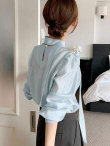 DAZY Women's Tie-Up Elegant Korean Style Long Sleeve Spring/Summer Blouse - Baby Blue - View 2