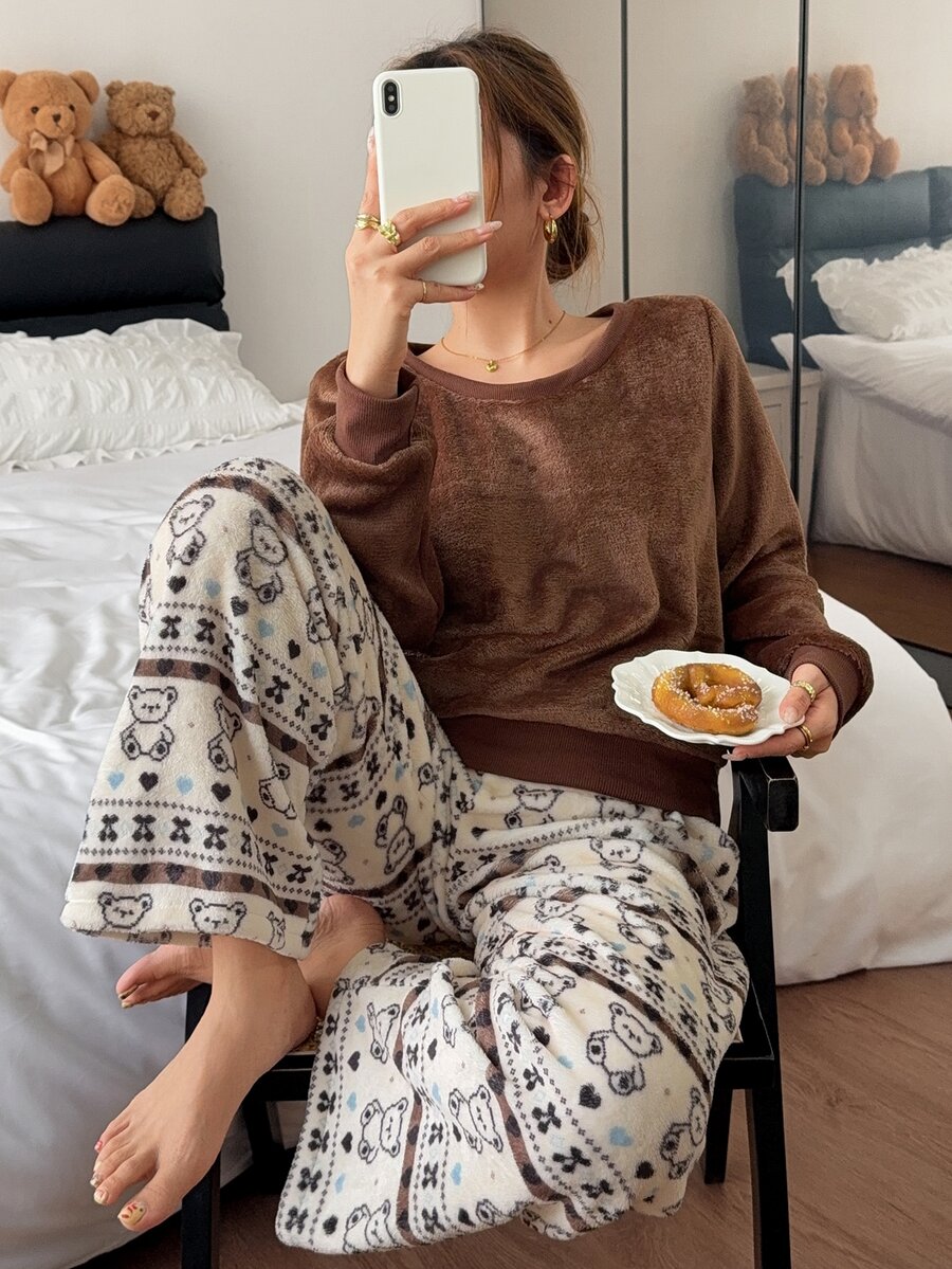Napfluff Cute Solid Color Plush Round Neck Long Sleeve Bear Striped Watermark Plush Pants 2 Pieces Set - Brown - View 1
