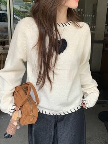 DAZY White Round Neck Black Heart Pattern Embroidered Loose Long Sleeve Casual Sweet Versatile Knit Sweater - White - View 5