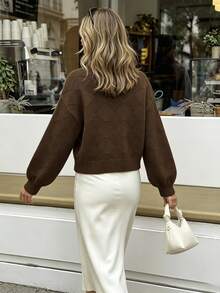SHEIN Holidaya Women's Solid Color Turtleneck Long Sleeve Casual Versatile Sweater - Coffee Brown - View 2
