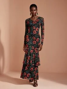 JIAN LASALA Gaun Panjang Bermotif Bunga Jala dengan Leher V dan Lapisan Ruffle Ganda di Bagian Bawah, Gaun Liburan Elegan - MultiWarna - View 3