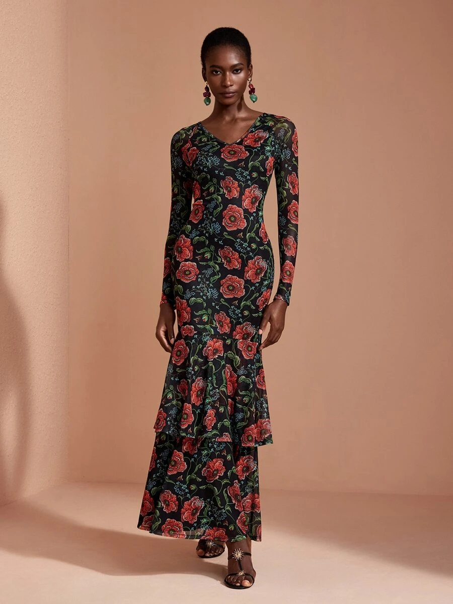 JIAN LASALA Mesh Floral Print Long Sleeve V Neckline Double Ruffle Layers Hem Long Dress Elegant Vacation - Multicolor - View 1