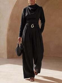 Zivah Women's Solid Color Pleated Batwing Long Sleeve Shirt And Wide Leg Pants Elegant 2 Pieces Set - Black - View 8