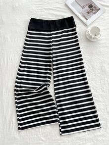 Elamini Women's Sweet Elegant Casual Striped Loose Design Patchwork Long Pants - Black and White - View 2
