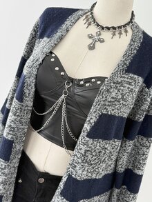 Sunspun Cardigan Panjang Kasual Serbaguna Motif Garis-Garis Blok Warna Longgar untuk Musim Gugur/Dingin - MultiWarna - View 7
