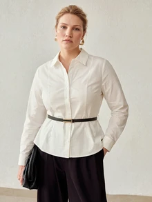 MOTF FASHIONABLE COMMUTER MINIMALIST PREMIUM FEEL CINCHED CINCHED WAIST LONG SLEEVE COLLARED PURE COTTON BELT DECOR WOMEN'S PLUS SIZE SHIRT - White - View 3