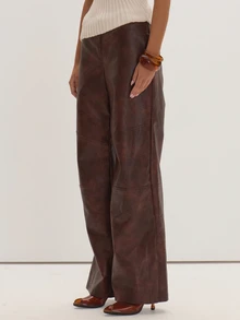 MUSEYN Deep Red PU Pants Versatile Everyday Casual Fall - Coral Red - View 3
