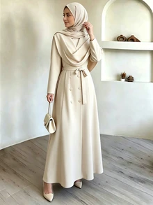 SHEIN Unity Women's Elegant Commute Double-Breasted Dress - Apricot - View 6