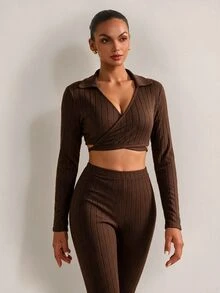 Nuvra Setelan Olahraga Wanita Warna Cokelat dengan Detail Ribbed Lebar dan Bahan Brushed, Atasan Lengan Panjang dan Celana Panjang 2 Potong, Musim Gugur/Dingin - Coklat - View 4