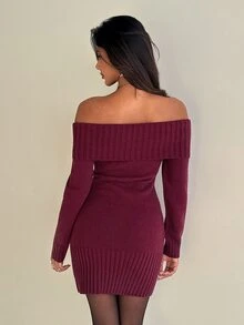 Aloruh Gaun Rajut Wanita Elegan Warna Polos Tanpa Bahu, Musim Gugur/Dingin - Burgundy - View 2