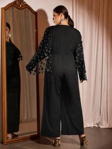 Cravure Plus Size Women's Party 3D Floral Long Sleeve Black Jumpsuit - Black - View 2