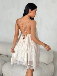 SHEIN PETITE Women's Elegant Spring/Summer Vacation Lace Patchwork Chiffon Ruched Back Tie Solid Color Short Dress - Apricot - View 2