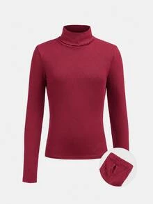 Tween Girls Autumn/Winter White Knitted High Neck Casual Slim Fit Textured Ribbed Base Layer Versatile Minimalist T-Shirt Top - Burgundy - View 3