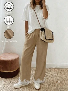 Holdful Holdful Celana Panjang Wanita Model Baru, Kasual, Modis, dengan Patchwork Renda dan Warna Kontras, Saku, dan Potongan Lurus - Khaki - View 4