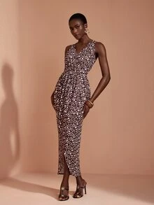 JIAN LASALA Knit Sleeveless V Neckline Overlapping Ruched Drape Long Dress Elegant Vacation - Multicolor - View 4