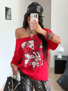 StreetHx 女款露肩寬鬆版型 Howdy Y'all 西部牛仔公牛頭白色大碼加大號 T-shirt - 紅色 - 查看 3
