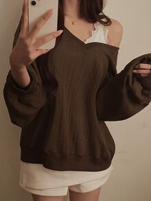 DAZY Sweater Wanita Warna Polos Rajut Longgar Leher V Dalam Lengan Panjang Kasual Gaya Vintage untuk Liburan Musim Semi/Gugur - Coklat - View 3