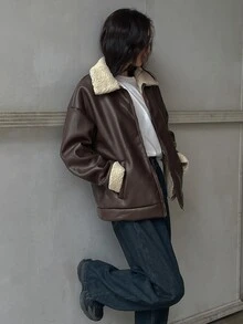 DAZY Women's Colorblock PU Leather Fashion Versatile Long Sleeve Leather Jacket - Brown - View 7