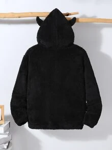 SHEIN 兒童青少年男孩休閒連帽抓絨開襟中磅舒適外套，適合通勤、上學、日常休閒、度假、旅行、運動，秋冬穿著 - 黑色 - 查看 3