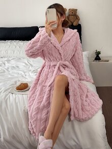 Napfluff Women's Casual Pink Jacquard Velvet Open Front Hooded Loungewear Robe - Pink - View 6