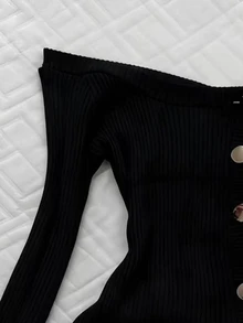Glimmora Women's Solid Color Button Design Off-Shoulder Long Sleeve Fashion Top - Black - View 3