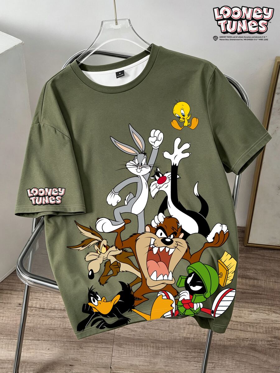LOONEY TUNES X SHEIN Daypath Men's Plus Size Letter Cartoon Print Crew Neck Short Sleeve Casual T-Shirt - Olive Green - View 1
