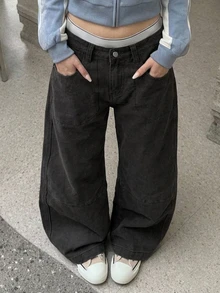 DAZY 深灰色水洗做舊高腰大口袋寬鬆寬腿休閒百搭牛仔褲 女款 秋季 - 咖啡棕 - 查看 5