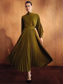 MOTF PREMIUM WOMEN'S SOLID COLOR STAND COLLAR LONG SLEEVE PLEATED HEM ELEGANT DRESS - Army Green - View 1