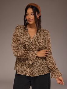 Freevana Plus Size Women's Chiffon Printed Long Sleeve Blouse, Leopard Print Ruffle Blouse - Multicolor - View 3