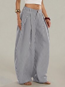 SHEIN Tall Apricot Striped Wide-Leg Trousers For Tall Women – Stylish, Casual, And Suitable For Work. - Navy Blue - View 4