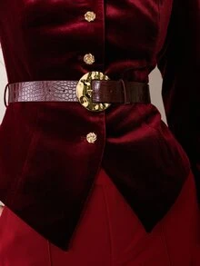 MOTF PREMIUM STAND COLLAR VELVET WIDE SHOULDER METAL BUTTON DECOR BELT ASYMMETRIC COLLAR JACKET - Burgundy - View 4