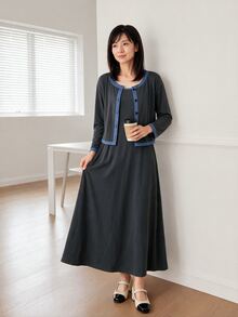 Yumoku Women's Colorblock Long Sleeve Single-Breasted Top And Dress Elegant 2 Pieces Set - Grey - View 1