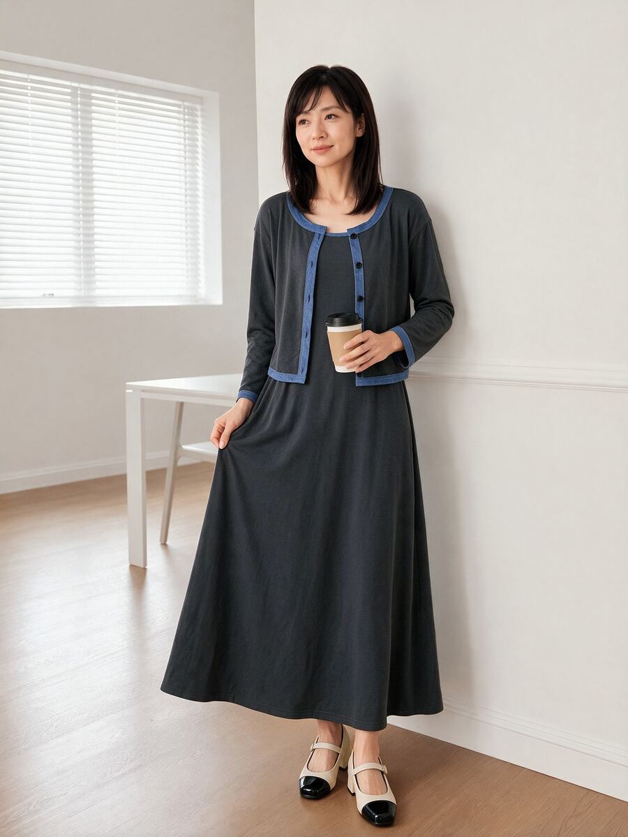 Yumoku Women's Colorblock Long Sleeve Single-Breasted Top And Dress Elegant 2 Pieces Set - Grey - View 1