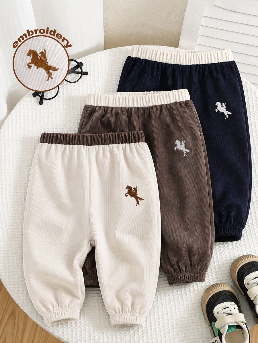 SHEIN Baby Boy Autumn/Winter Thickened Colorblock 3-Piece Set All-Match Versatile Pony Embroidery Pants - Multicolor - View 1